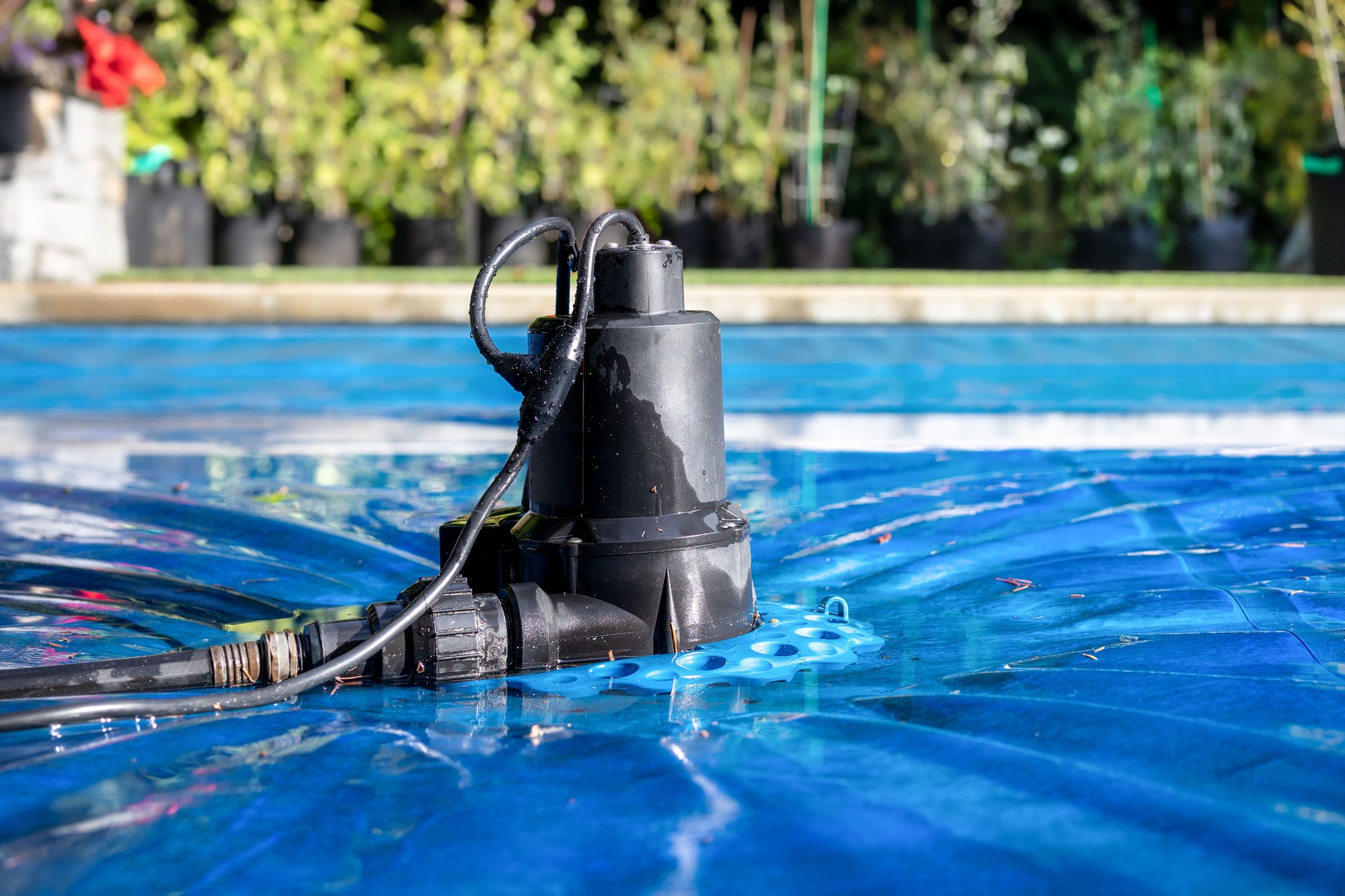 Automatic pool cover pump on top of blue wet cover in front of defocused garden foliage.