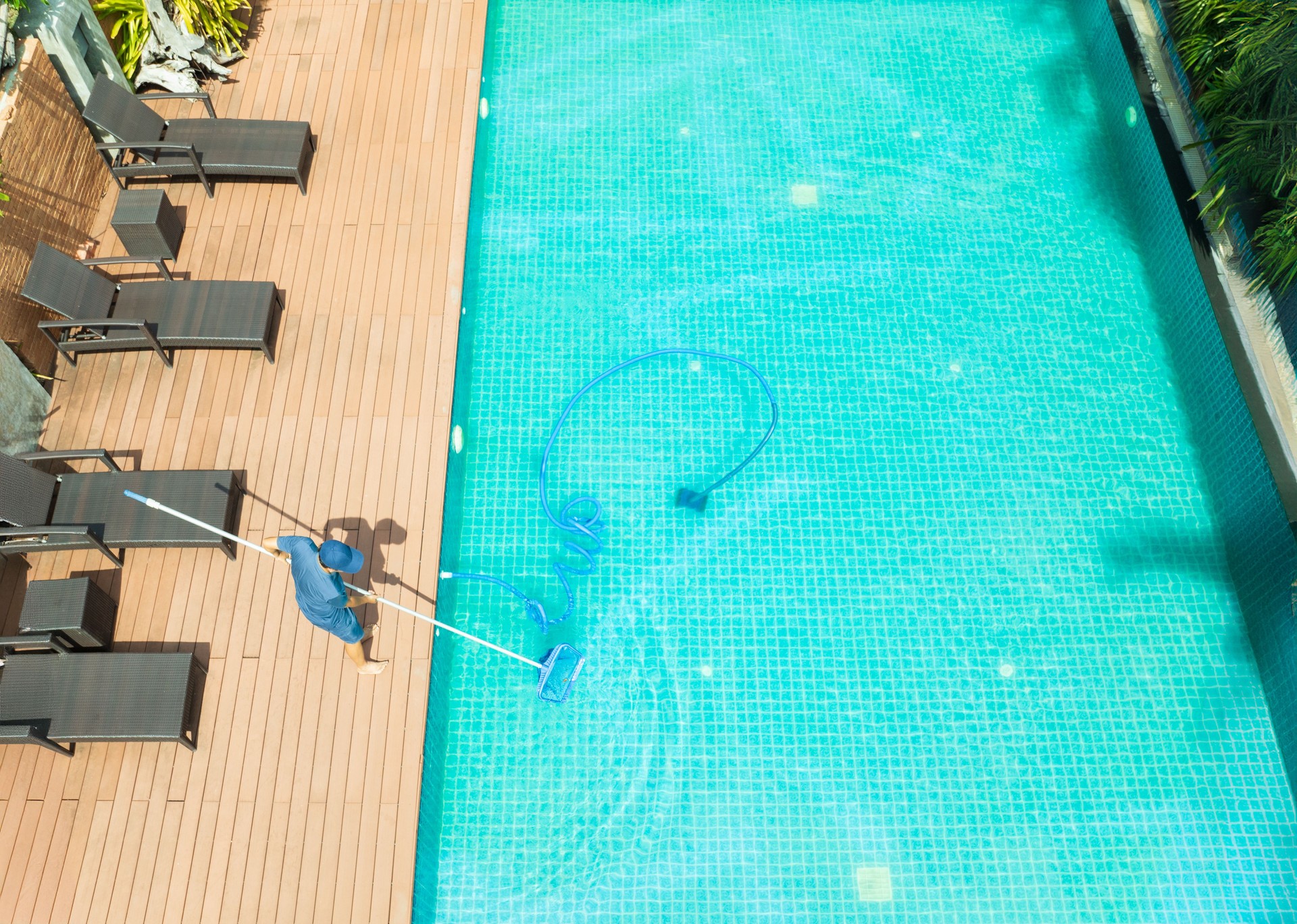 Pool maintenance with scoop net  and automatic robot cleaner.